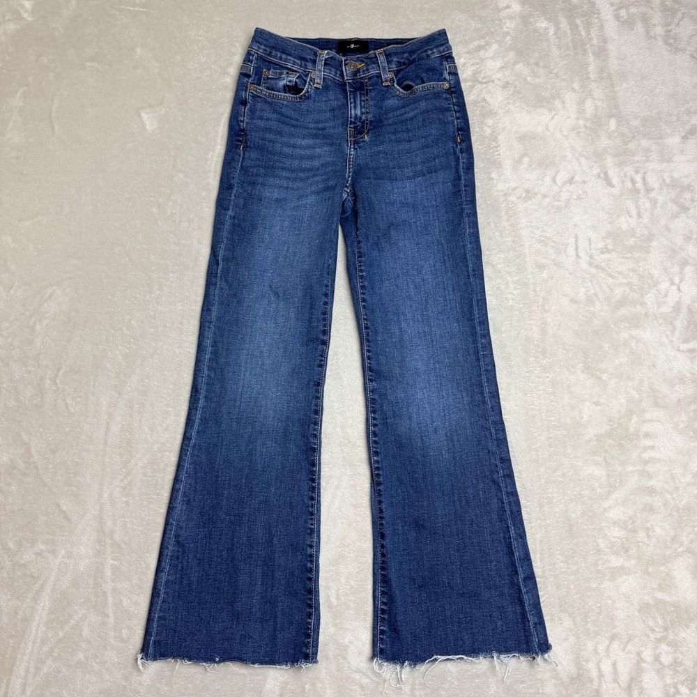 7 For All Mankind Dojo Flare Jeans Womens 26 Blue Frayed Raw Hem Italian Fabric